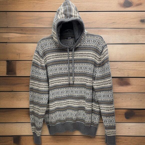 Izod Fair Isle Style Hooded Sweater Mens XXL Gray Tan Stripe Long Sleeves Casual - Picture 1 of 9